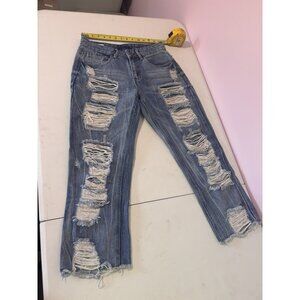 Boyfriend Distressed Jeans Women’s Denim Wide Leg Cropped Righ Rise